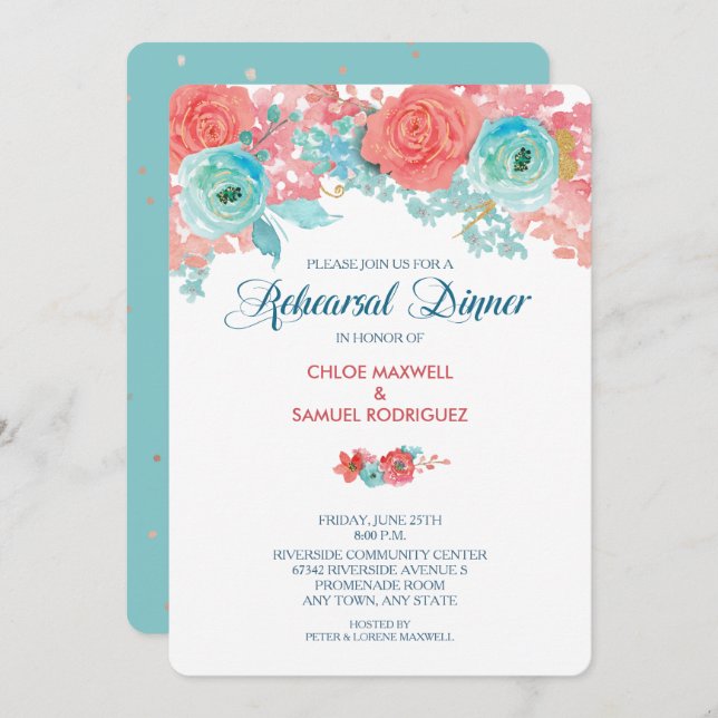 Convites Janto de Ensaio de Casamento com Flora Coral Pink  (Frente/Verso)