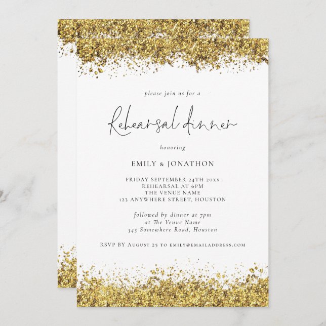 Convites Janto de Ensaio de Casamento com Glitter Dourado (Frente/Verso)