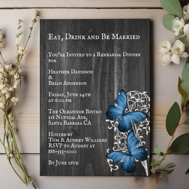Convites Janto de Ensaio de Casamento de Borboletas Russas  (Blue Rustic Butterfly Wedding Rehearsal Dinner Invitation)