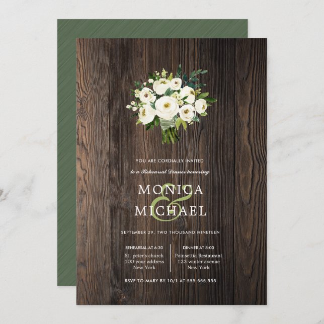 Convites Janto de Ensaio de Casamento de Buquês de Madeira  (Frente/Verso)