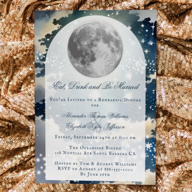 Convites Janto de Ensaio de Casamento de Céu Noturno Lunar (Lunar Night Sky Wedding Rehearsal Dinner Invitation)