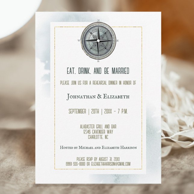 Convites Janto de Ensaio de Casamento de Compass Náutico de (Vintage Nautical Compass Wedding Rehearsal Dinner Invitation)