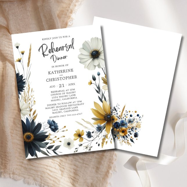 Convites Janto de Ensaio de Casamento de Flores Selvagens E (Elegant Watercolor Wildflowers Rehearsal Dinner Invitation with blue and yellow wildflowers.)