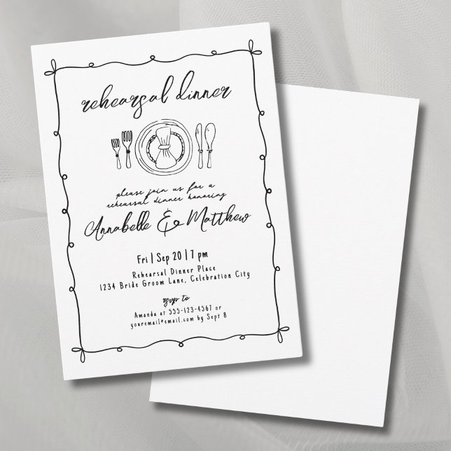 Convites Janto de Ensaio de Casamento de Manchas Quirky Dra (Hand Drawn Quirky Wedding Rehearsal Dinner Invitation)