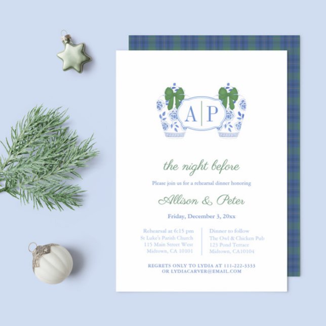 Convites Janto de Ensaio de Casamento de Natal de Chinoiser (Christmas Chinoiserie Monogram Wedding Rehearsal and Dinner invitation with blue green tartan backer)
