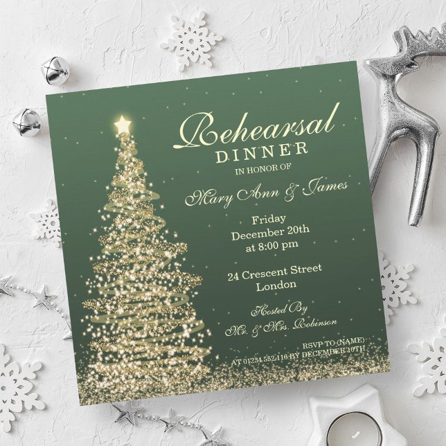 Convites Janto de Ensaio de Casamento de Natal Dourado Verd (Christmas Wedding Rehearsal Dinner Green Gold Invitation)