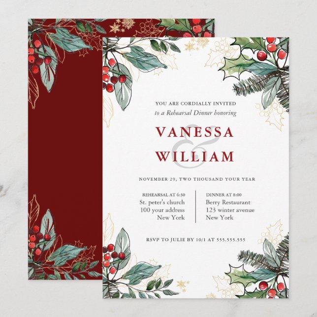 Convites Janto de Ensaio de Casamento de Natal Holly Berrie (Frente/Verso)
