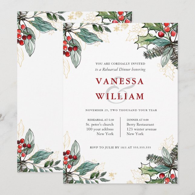 Convites Janto de Ensaio de Casamento de Natal Holly Berrie (Frente/Verso)