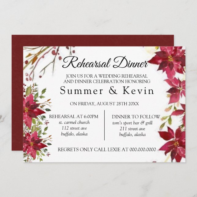 Convites Janto de Ensaio de Casamento de Poinsettia Vermelh (Frente/Verso)