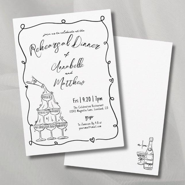 Convites Janto de Ensaio de Casamento Desenhado à Mão Branc (Whimsical Hand Drawn Wedding Rehearsal Dinner Invitation)