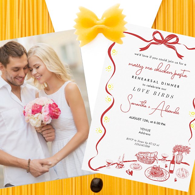 Convites Janto De Ensaio De Casamento Do Chicken-Me casado (Marry Me Chicken Pasta Red Couple Engagement Italian Wedding Rehearsal Dinner Brunch Invitation )