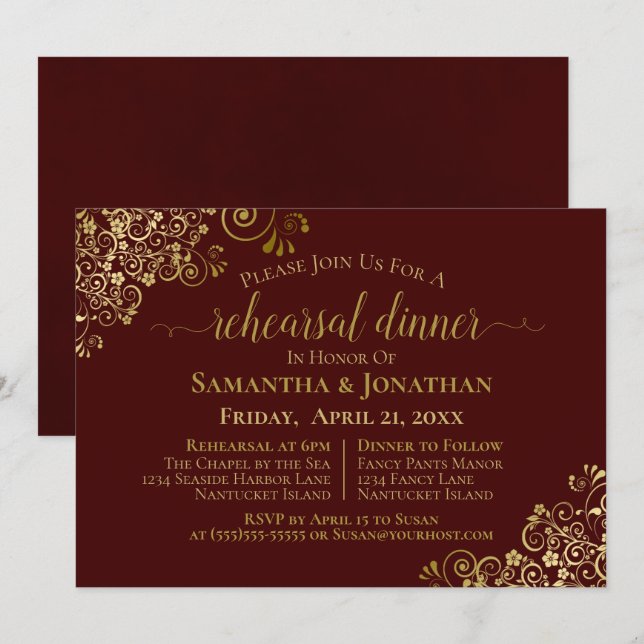 Convites Janto de Ensaio de Casamento Dourado Lace Auburn B (Frente/Verso)