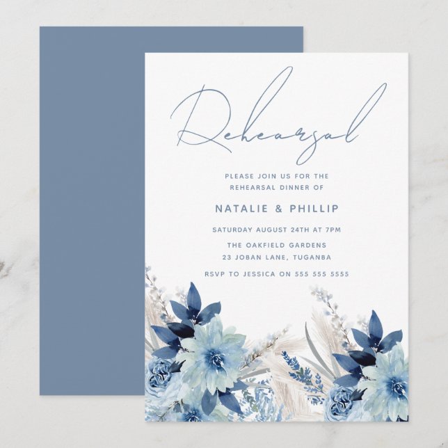 Convites Janto de ensaio de casamento Dusty Blue Florals (Frente/Verso)