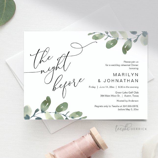 Convites Janto de ensaio de casamento, Eucalyptus Greenery (Wedding Rehearsal Dinner, Eucalyptus Greenery Invitation Card, The Night before, Modern Minimal)