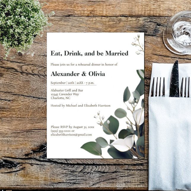 Convites Janto de Ensaio de Casamento Eucalyptus Moderno (Modern Eucalyptus Wedding Rehearsal Dinner Invitation)