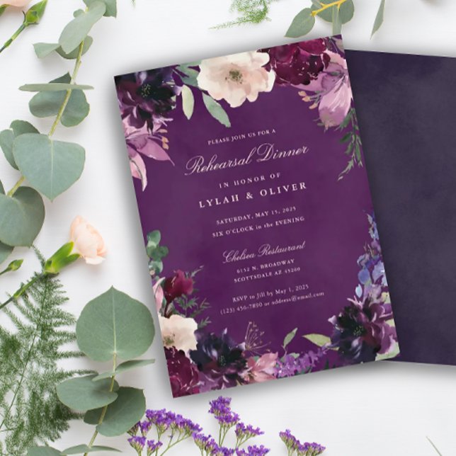 Convites Janto de Ensaio de Casamento Floral de EggPlant Pu (Criador carregado)