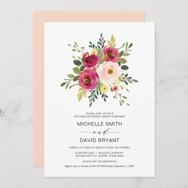 Convites Janto de Ensaio de Casamento, Floral Rosa-Rosa (Frente/Verso)