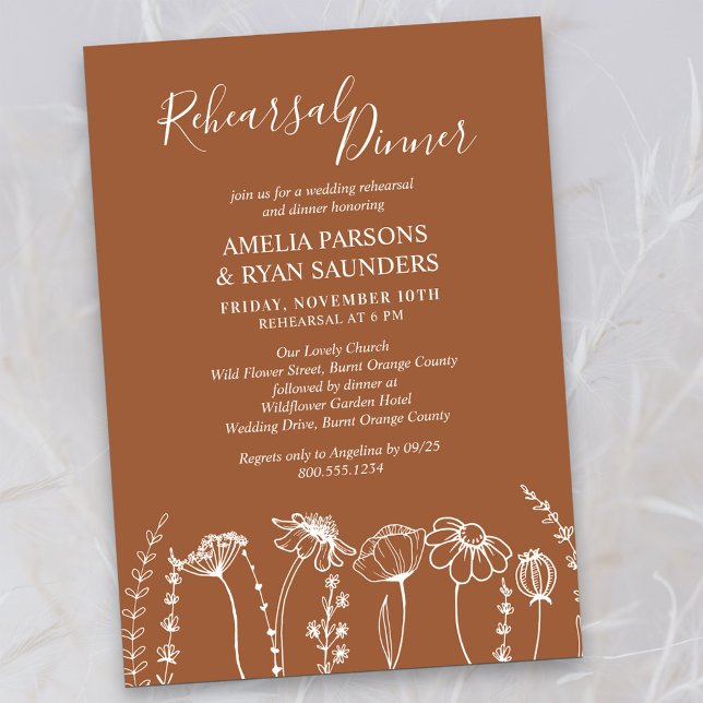 Convites Janto de Ensaio de Casamento Laranja de Desenhos S (Rehearsal Dinner Invitation in Terracotta Burnt Orange, from my Wildflower Sketch collection)