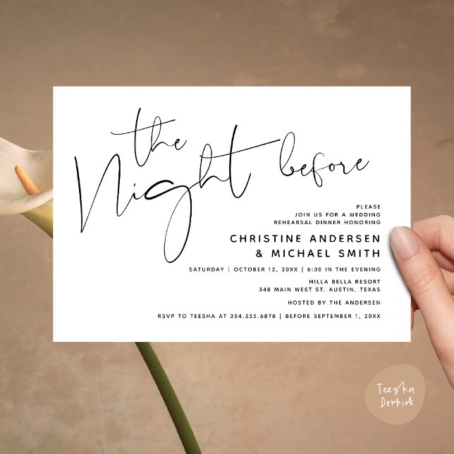Convites Janto de ensaio de casamento moderno, na noite ant (Modern Wedding Rehearsal Dinner, The Night Before Invitation Card Minimalist Beautiful White Black)