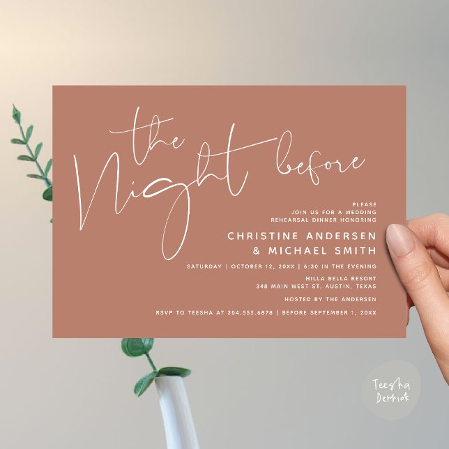 Convites Janto de ensaio de casamento moderno, na noite ant (Modern Wedding Rehearsal Dinner, The Night Before Invitation Card Minimalist Beautiful Earthy Brown)