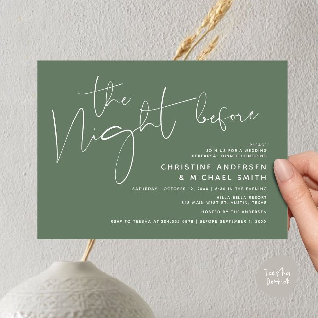 Convites Janto de ensaio de casamento moderno, na noite ant (Modern Wedding Rehearsal Dinner, The Night Before Invitation Card Minimalist Beautiful Sage Green)