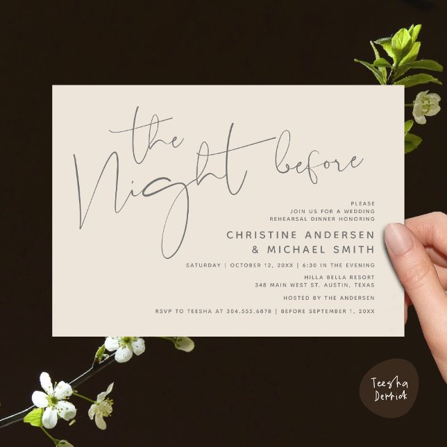 Convites Janto de ensaio de casamento moderno, na noite ant (Modern Wedding Rehearsal Dinner, The Night Before Invitation Card Minimalist Beautiful Grey Cream)