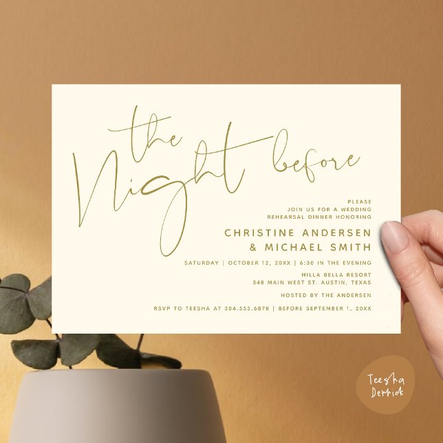 Convites Janto de ensaio de casamento moderno, na noite ant (Modern Wedding Rehearsal Dinner, The Night Before Invitation Card Minimalist Beautiful Yellow Gold)