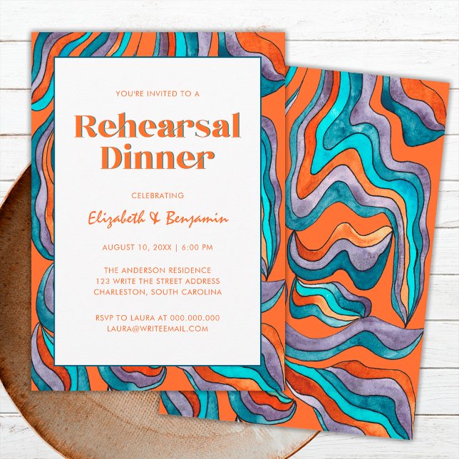 Convites Janto de Ensaio de Casamento Onda Laranja-Retro Gr (Front and Back)