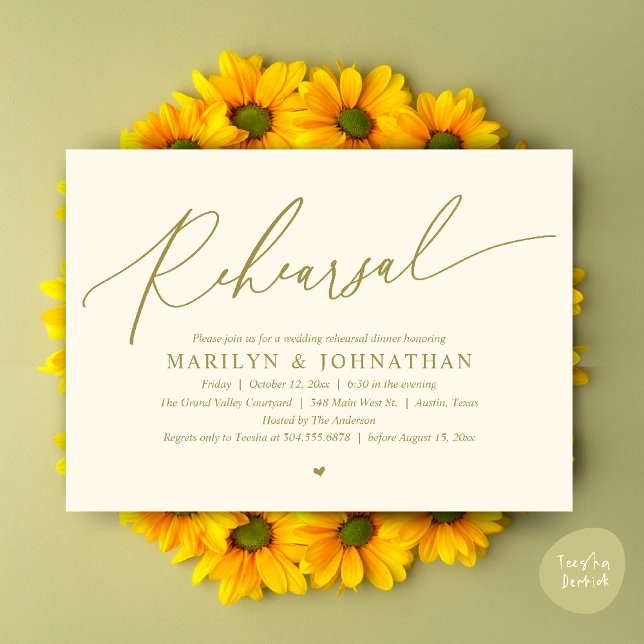 Convites Janto de Ensaio de Casamento Romântico de Eternos  (Modern Romantic Wedding Rehearsal Dinner Dancing Invitation Card PDF Aesthetic Yellow Gold)