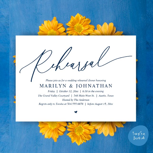 Convites Janto de Ensaio de Casamento Romântico de Eternos  (Modern Romantic Wedding Rehearsal Dinner Dancing Invitation Card PDF Navy Blue)