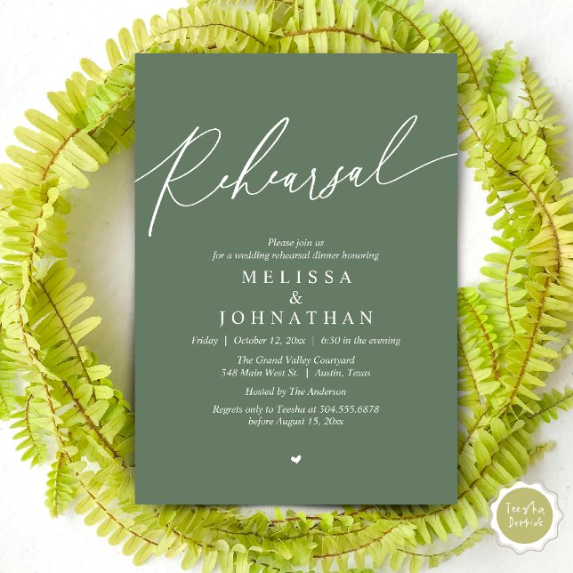 Convites Janto de ensaio de casamento romântico moderno (Modern Romantic Wedding Rehearsal Dinner Dancing Invitation Card PDF Aesthetic Sage Green)