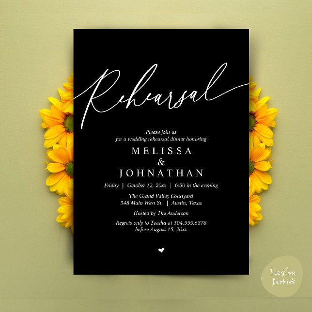 Convites Janto de ensaio de casamento romântico moderno (Modern Romantic Wedding Rehearsal Dinner Dancing Invitation Card PDF Aesthetic Black White)
