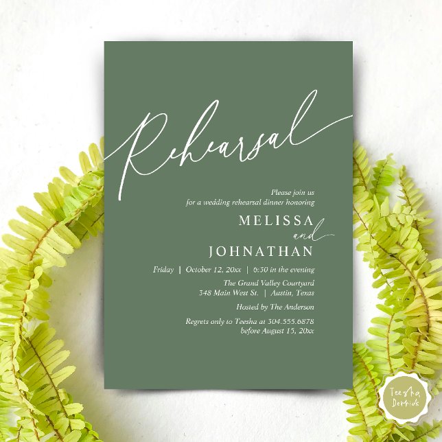 Convites Janto de ensaio de casamento romântico moderno (Modern Romantic Wedding Rehearsal Dinner Dancing Invitation Card PDF Aesthetic Sage Green)