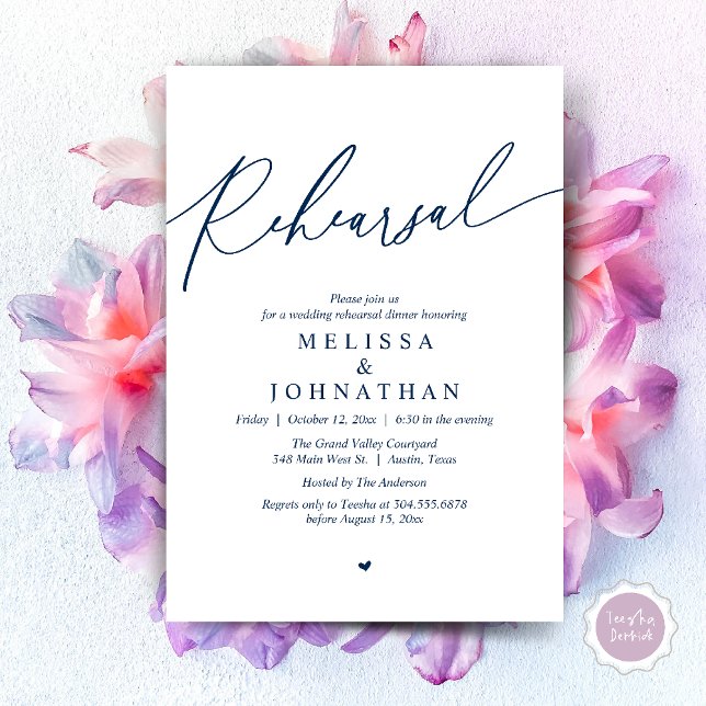 Convites Janto de ensaio de casamento romântico moderno (Modern Romantic Wedding Rehearsal Dinner Dancing Invitation Card PDF Navy Blue)