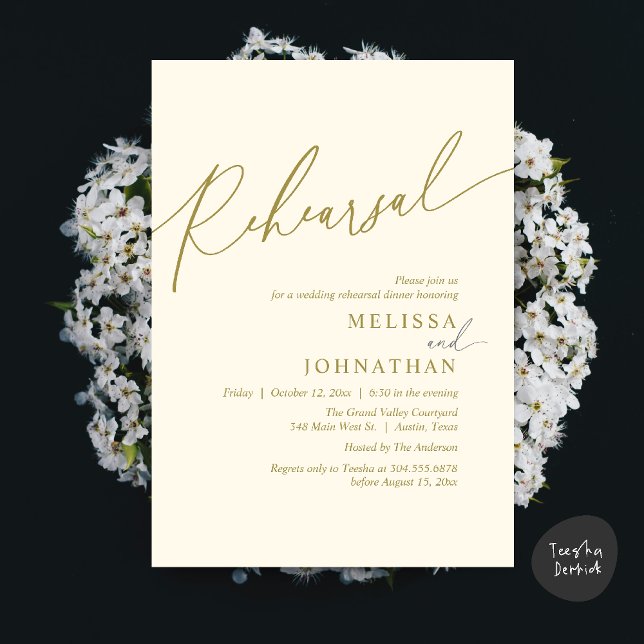 Convites Janto de ensaio de casamento romântico moderno (Modern Romantic Wedding Rehearsal Dinner Dancing Invitation Card PDF Aesthetic Yellow Gold)