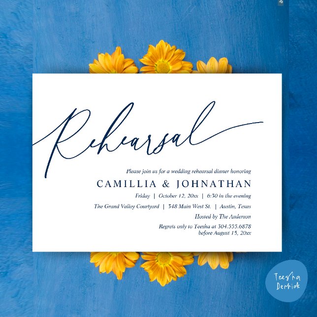 Convites Janto de ensaio de casamento romântico moderno (Modern Romantic Wedding Rehearsal Dinner Dancing Invitation Card PDF Navy Blue)