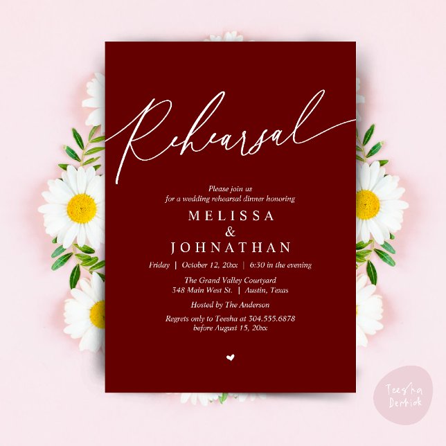Convites Janto de ensaio de casamento romântico moderno (Modern Romantic Wedding Rehearsal Dinner Dancing Invitation Card PDF Aesthetic Burgundy wine red)