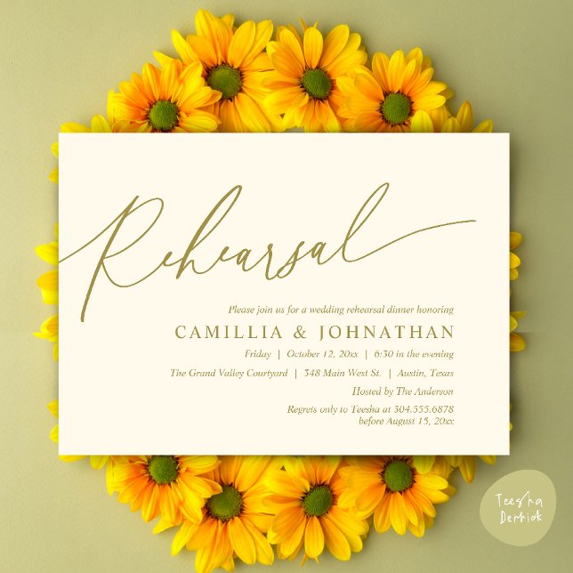 Convites Janto de ensaio de casamento romântico moderno (Modern Romantic Wedding Rehearsal Dinner Dancing Invitation Card PDF Aesthetic Yellow Gold)