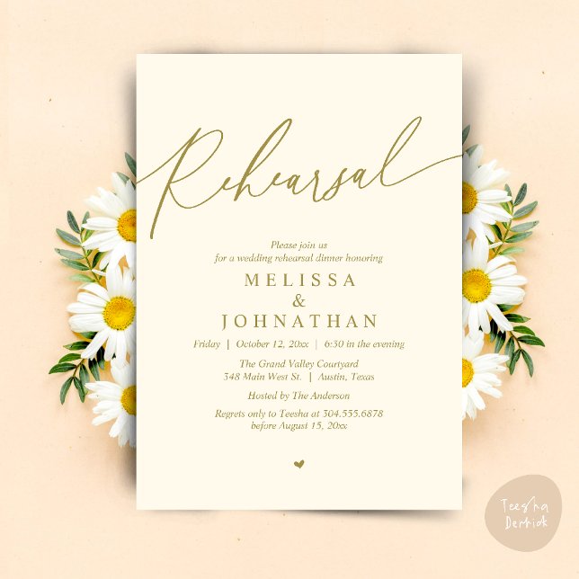 Convites Janto de ensaio de casamento romântico moderno (Modern Romantic Wedding Rehearsal Dinner Dancing Invitation Card PDF Aesthetic Yellow Gold)