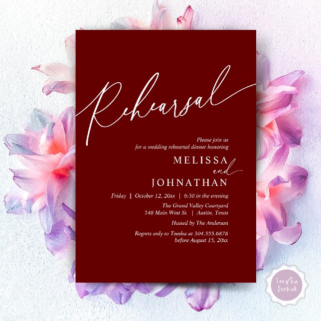 Convites Janto de ensaio de casamento romântico moderno (Modern Romantic Wedding Rehearsal Dinner Dancing Invitation Card PDF Aesthetic Burgundy wine red)