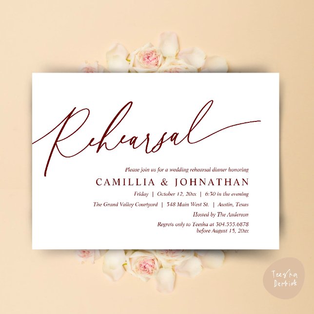Convites Janto de ensaio de casamento romântico moderno (Modern Romantic Wedding Rehearsal Dinner Dancing Invitation Card PDF Aesthetic Burgundy wine red)