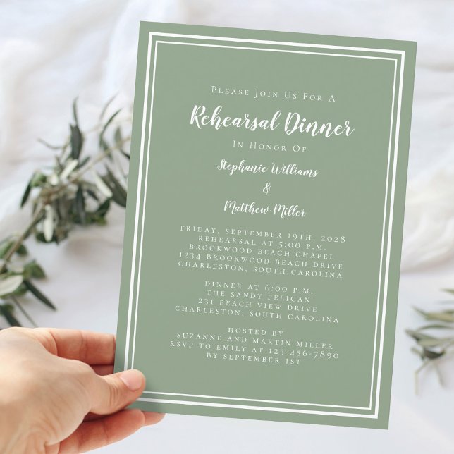Convites Janto de Ensaio de Casamento Verde de Sage Minimal (Minimalist Sage Green Wedding Rehearsal Dinner Invitation)