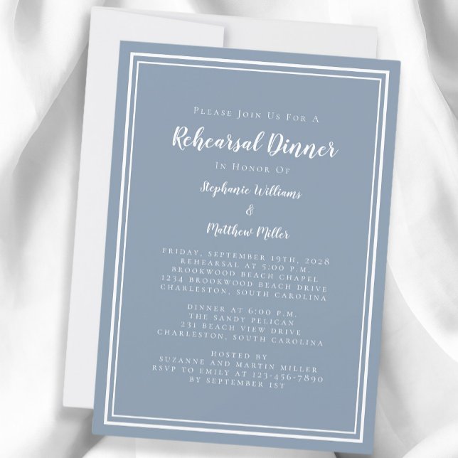 Convites Janto de ensaio de casamentos azuis de Dusty minim (Minimalist Dusty Blue Wedding Rehearsal Dinner Invitation)