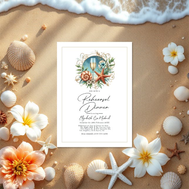 Convites Janto de Ensaio de Célula Costeira (Coastal Chic Seashell Rehearsal Dinner Invitation)