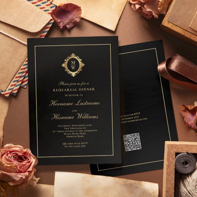Convites Janto de ensaio de código QR RSVP Dourado Monogram (Criador carregado)