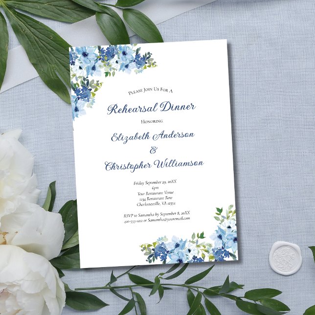 Convites Janto de ensaio de cor verde-aquática azul (Blue Watercolor Floral with Greenery Wedding Rehearsal dinner invitation)