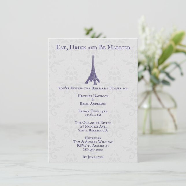 Convites Janto de Ensaio de Danos na Torre Eiffel Roxo (Em pé/Frente)