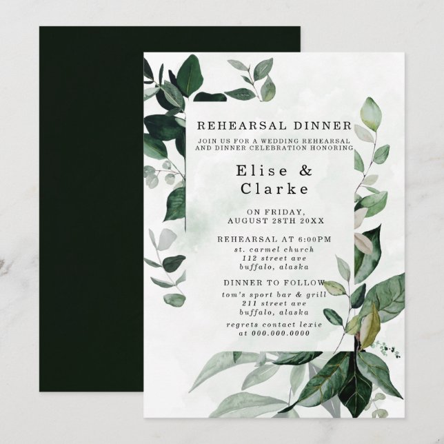 Convites Janto de ensaio de Eucalyptus em verde russo (Frente/Verso)