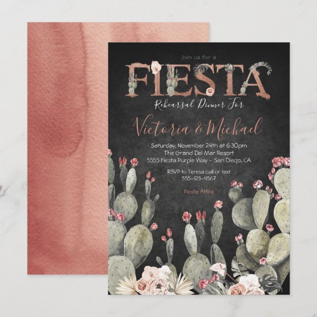Convites Janto de Ensaio de Fiesta Mexicano Cactus Floral (Frente/Verso)