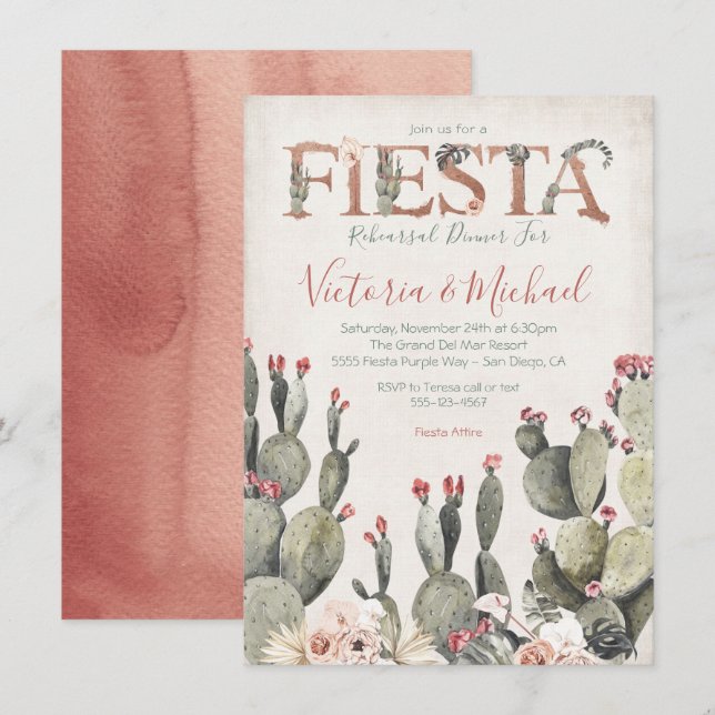 Convites Janto de Ensaio de Fiesta Mexicano Cactus Floral (Frente/Verso)
